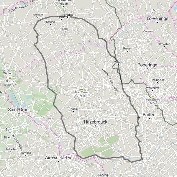 Map miniature of "La Gorgue to Outtersteene" cycling inspiration in Nord-Pas de Calais, France. Generated by Tarmacs.app cycling route planner