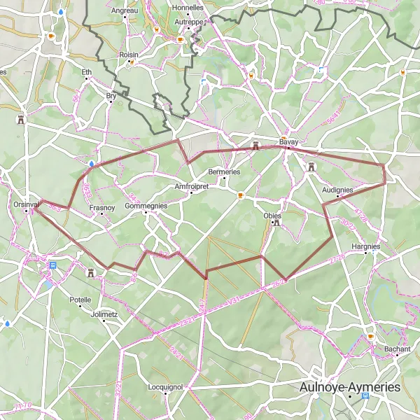 Map miniature of "Audignies and Château de Potelle Adventure" cycling inspiration in Nord-Pas de Calais, France. Generated by Tarmacs.app cycling route planner