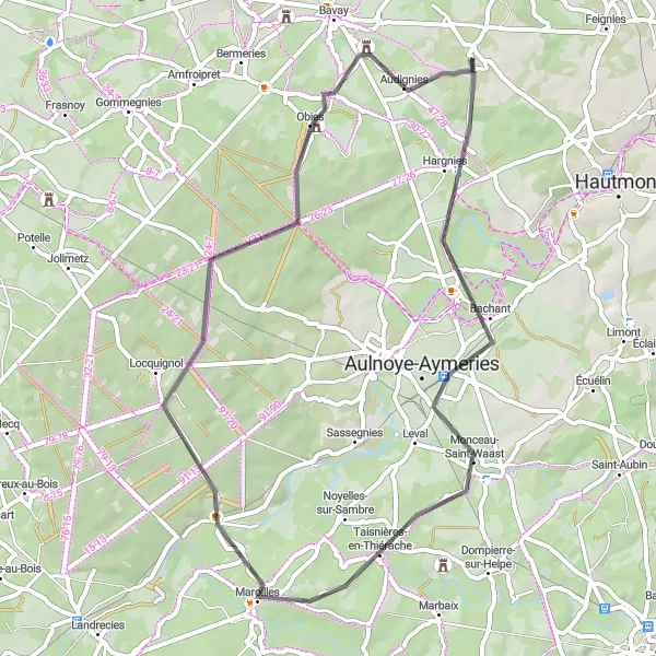 Map miniature of "Bachant and Locquignol Loop" cycling inspiration in Nord-Pas de Calais, France. Generated by Tarmacs.app cycling route planner