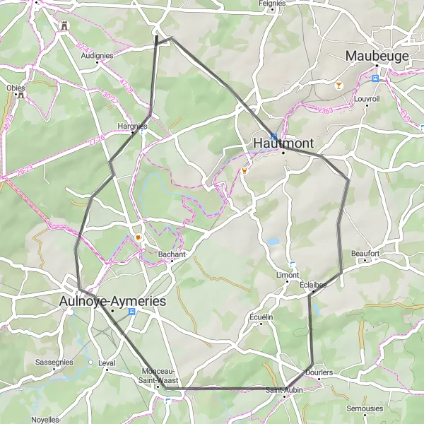 Map miniature of "Éclaibes and Aulnoye-Aymeries Loop" cycling inspiration in Nord-Pas de Calais, France. Generated by Tarmacs.app cycling route planner