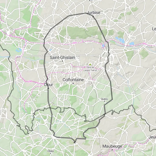 Miniature de la carte de l'inspiration cycliste "Circuit de Houdain-lez-Bavay à Quévy" dans la Nord-Pas de Calais, France. Générée par le planificateur d'itinéraire cycliste Tarmacs.app