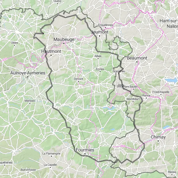 Map miniature of "The Route of the Ascending Hills" cycling inspiration in Nord-Pas de Calais, France. Generated by Tarmacs.app cycling route planner