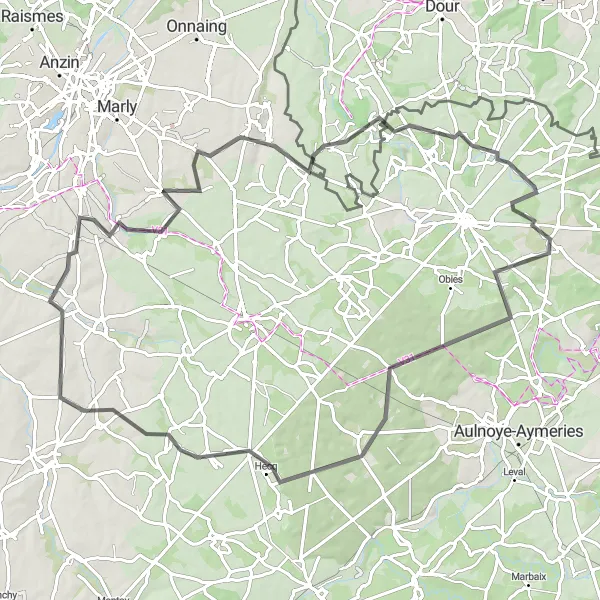 Map miniature of "The Loop of the Countryside" cycling inspiration in Nord-Pas de Calais, France. Generated by Tarmacs.app cycling route planner