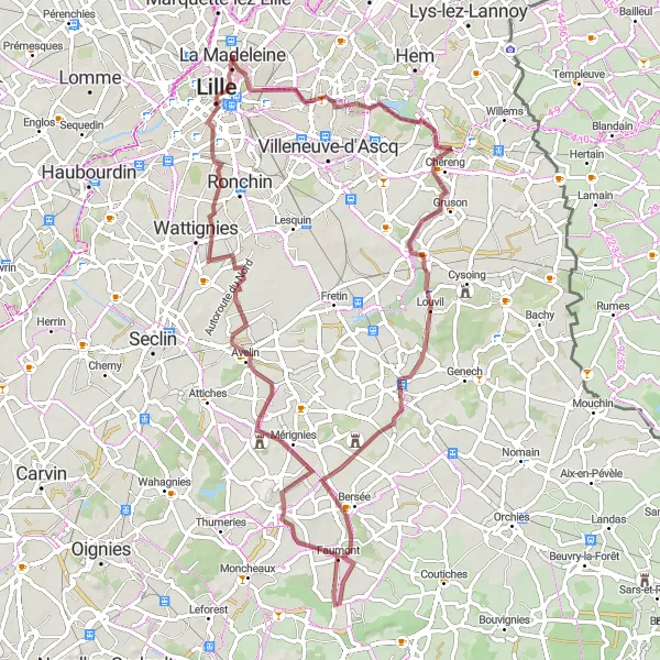 Map miniature of "La Madeleine Gravel Adventure Loop" cycling inspiration in Nord-Pas de Calais, France. Generated by Tarmacs.app cycling route planner