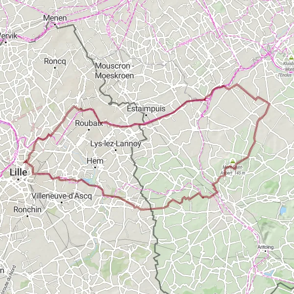 Miniature de la carte de l'inspiration cycliste "Exploration gravel autour de Mont-Saint-Aubert" dans la Nord-Pas de Calais, France. Générée par le planificateur d'itinéraire cycliste Tarmacs.app