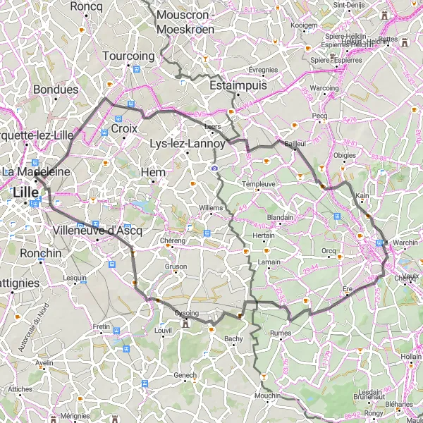 Miniature de la carte de l'inspiration cycliste "La campagne du Nord en route" dans la Nord-Pas de Calais, France. Générée par le planificateur d'itinéraire cycliste Tarmacs.app