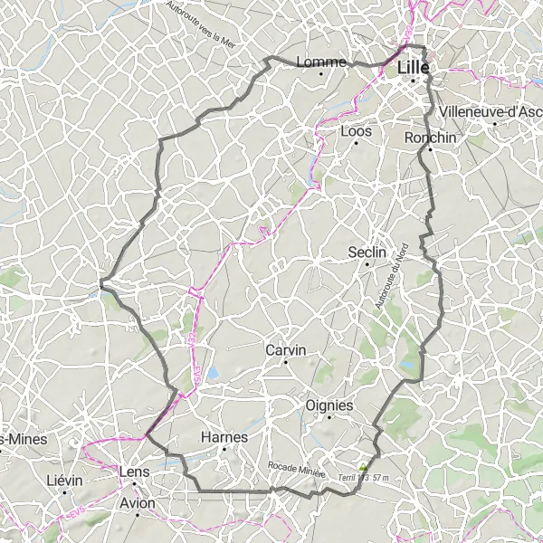 Map miniature of "Avelin-Arras Route" cycling inspiration in Nord-Pas de Calais, France. Generated by Tarmacs.app cycling route planner
