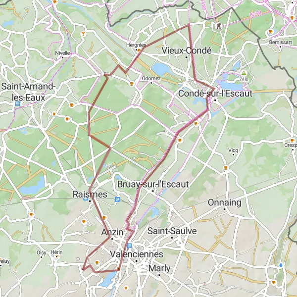 Miniature de la carte de l'inspiration cycliste "Boucle de Valenciennes" dans la Nord-Pas de Calais, France. Générée par le planificateur d'itinéraire cycliste Tarmacs.app