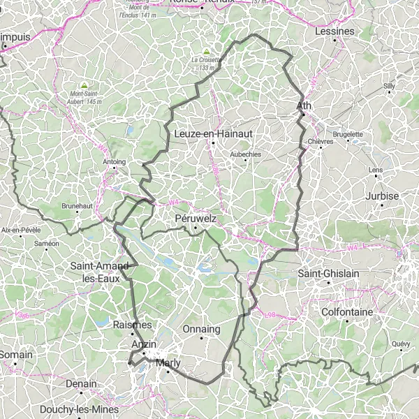 Map miniature of "The Valenciennes Loop" cycling inspiration in Nord-Pas de Calais, France. Generated by Tarmacs.app cycling route planner