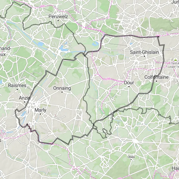 Miniature de la carte de l'inspiration cycliste "Escapade en Hainaut" dans la Nord-Pas de Calais, France. Générée par le planificateur d'itinéraire cycliste Tarmacs.app