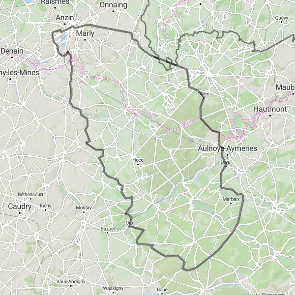 Map miniature of "The Valenciennes Challenge" cycling inspiration in Nord-Pas de Calais, France. Generated by Tarmacs.app cycling route planner