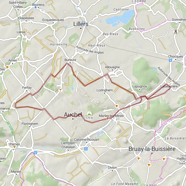 Miniature de la carte de l'inspiration cycliste "Les Terrils d'Auchel" dans la Nord-Pas de Calais, France. Générée par le planificateur d'itinéraire cycliste Tarmacs.app