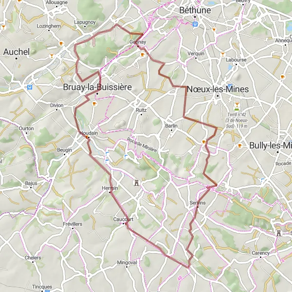 Miniature de la carte de l'inspiration cycliste "Les Chemins de Gosnay" dans la Nord-Pas de Calais, France. Générée par le planificateur d'itinéraire cycliste Tarmacs.app
