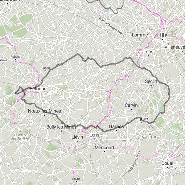 Miniature de la carte de l'inspiration cycliste "Le Tour des Terrils et Villages" dans la Nord-Pas de Calais, France. Générée par le planificateur d'itinéraire cycliste Tarmacs.app