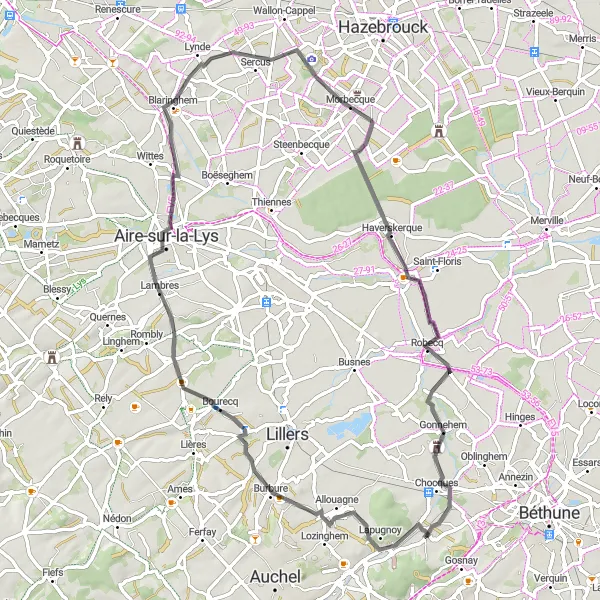 Miniature de la carte de l'inspiration cycliste "La Route des Monts de Flandre" dans la Nord-Pas de Calais, France. Générée par le planificateur d'itinéraire cycliste Tarmacs.app