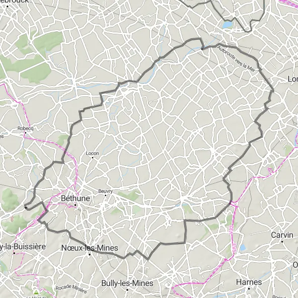 Miniature de la carte de l'inspiration cycliste "La Route des Villages" dans la Nord-Pas de Calais, France. Générée par le planificateur d'itinéraire cycliste Tarmacs.app