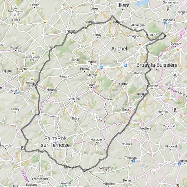 Miniature de la carte de l'inspiration cycliste "Les Routes de la Campagne Nordiste" dans la Nord-Pas de Calais, France. Générée par le planificateur d'itinéraire cycliste Tarmacs.app