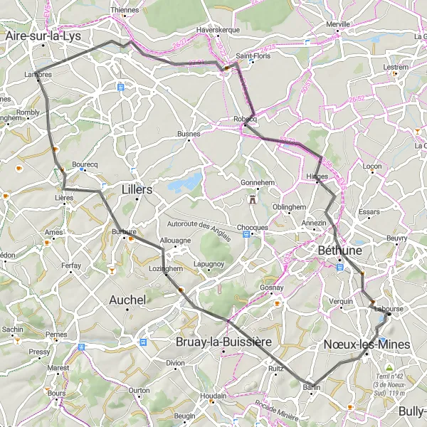 Map miniature of "Les terrils du Nord" cycling inspiration in Nord-Pas de Calais, France. Generated by Tarmacs.app cycling route planner