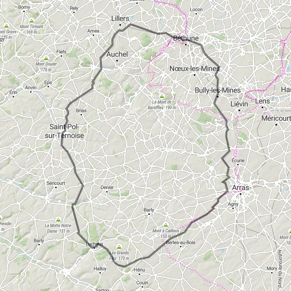 Miniature de la carte de l'inspiration cycliste "L'Escapade vers Saint-Pol-sur-Ternoise" dans la Nord-Pas de Calais, France. Générée par le planificateur d'itinéraire cycliste Tarmacs.app