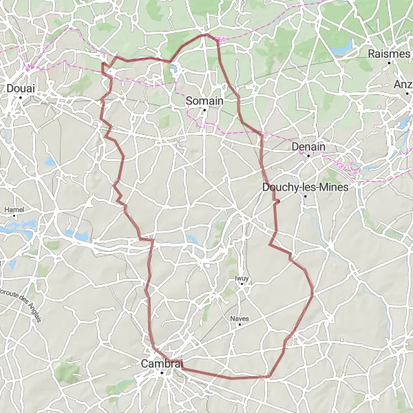 Map miniature of "Lallaing – Ponton – Mont Blanc – Mont des Vignes – Montigny-en-Ostrevent – Lallaing" cycling inspiration in Nord-Pas de Calais, France. Generated by Tarmacs.app cycling route planner