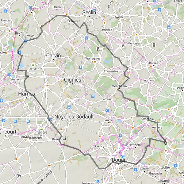 Map miniature of "The Douai Loop" cycling inspiration in Nord-Pas de Calais, France. Generated by Tarmacs.app cycling route planner