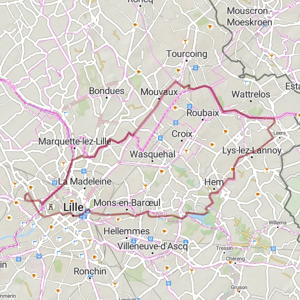 Map miniature of "Scenic Gravel Ride: Lambersart to Lille" cycling inspiration in Nord-Pas de Calais, France. Generated by Tarmacs.app cycling route planner