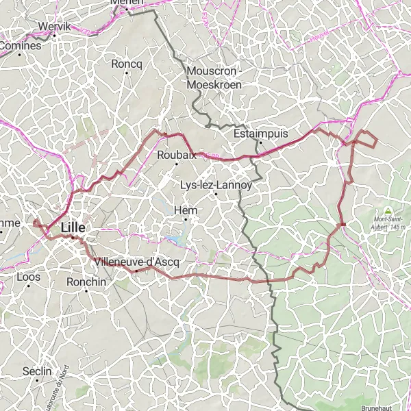 Map miniature of "Hills and Towns Gravel Adventure" cycling inspiration in Nord-Pas de Calais, France. Generated by Tarmacs.app cycling route planner