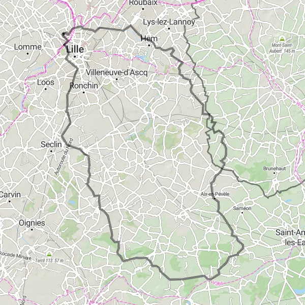 Miniature de la carte de l'inspiration cycliste "Traversée panoramique du Nord" dans la Nord-Pas de Calais, France. Générée par le planificateur d'itinéraire cycliste Tarmacs.app