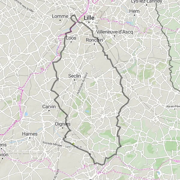 Miniature de la carte de l'inspiration cycliste "Itinéraire urbain et champêtre" dans la Nord-Pas de Calais, France. Générée par le planificateur d'itinéraire cycliste Tarmacs.app