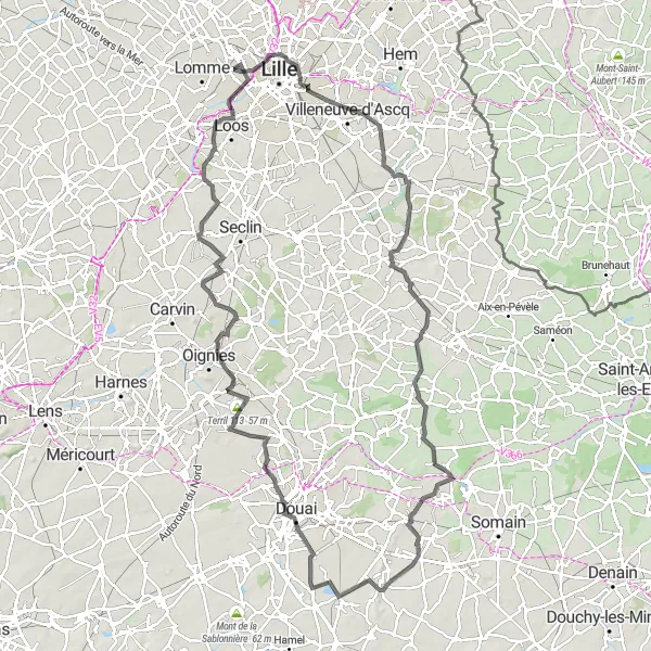 Map miniature of "The Great Battle Route" cycling inspiration in Nord-Pas de Calais, France. Generated by Tarmacs.app cycling route planner