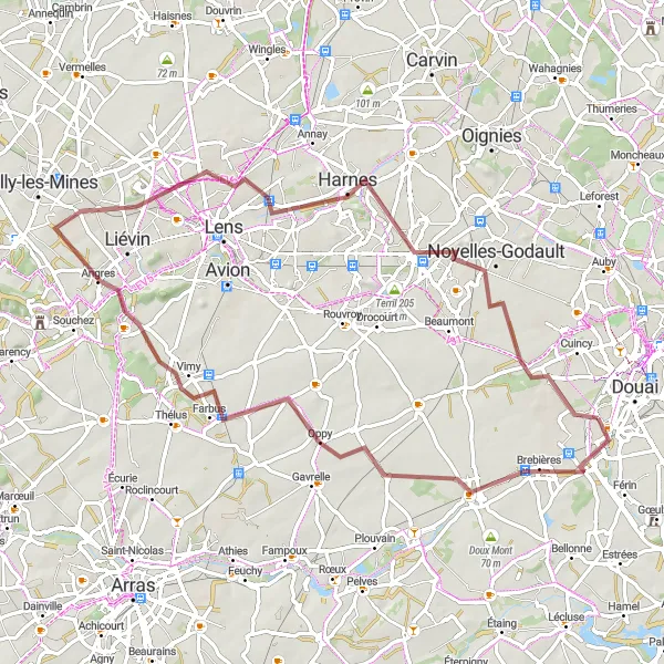 Miniature de la carte de l'inspiration cycliste "Circuit Gravel de Brebières à Esquerchin" dans la Nord-Pas de Calais, France. Générée par le planificateur d'itinéraire cycliste Tarmacs.app