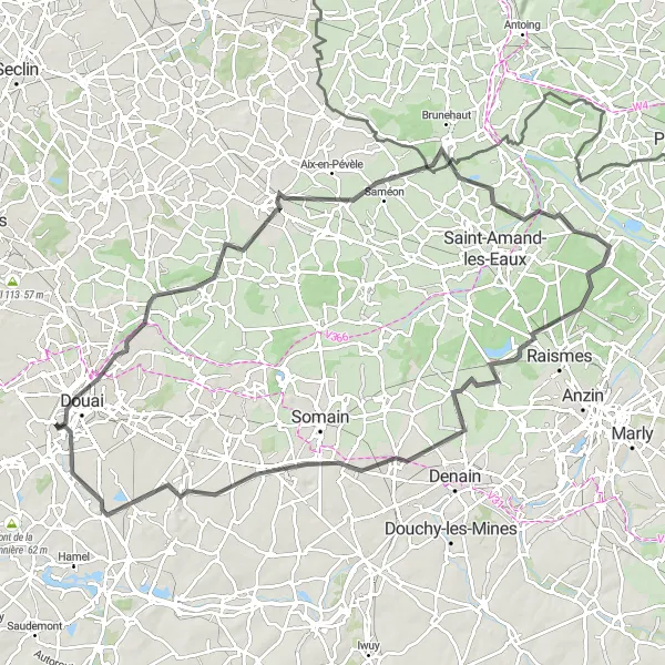 Map miniature of "The Mines and Canals Route" cycling inspiration in Nord-Pas de Calais, France. Generated by Tarmacs.app cycling route planner