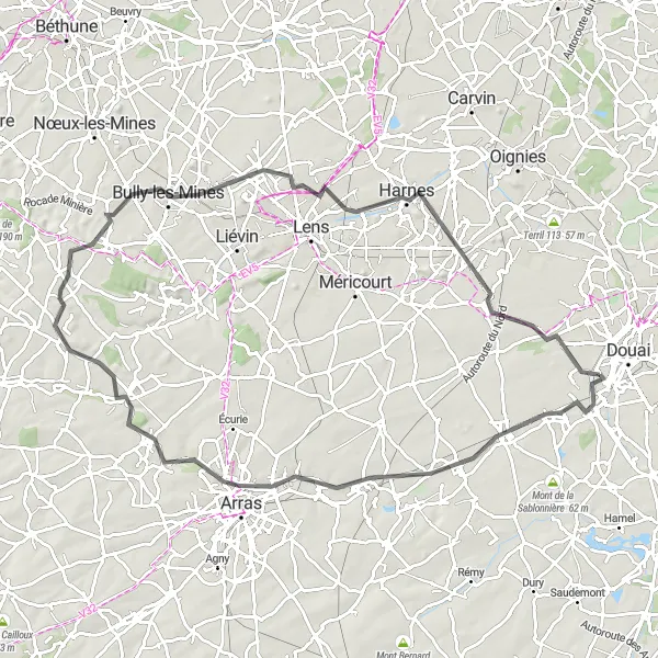 Miniature de la carte de l'inspiration cycliste "Parcours routier à Arras et Harnes" dans la Nord-Pas de Calais, France. Générée par le planificateur d'itinéraire cycliste Tarmacs.app