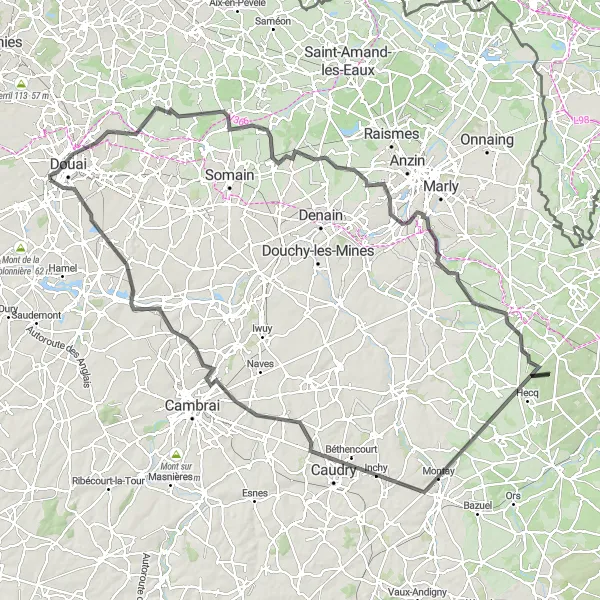 Miniature de la carte de l'inspiration cycliste "Balade de Douai à Beauvois-en-Cambrésis" dans la Nord-Pas de Calais, France. Générée par le planificateur d'itinéraire cycliste Tarmacs.app