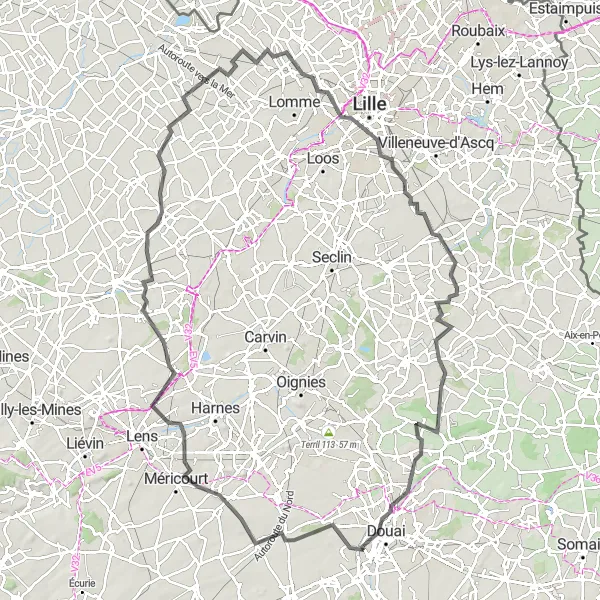 Miniature de la carte de l'inspiration cycliste "Boucle cycliste à Douvrin et Lille" dans la Nord-Pas de Calais, France. Générée par le planificateur d'itinéraire cycliste Tarmacs.app