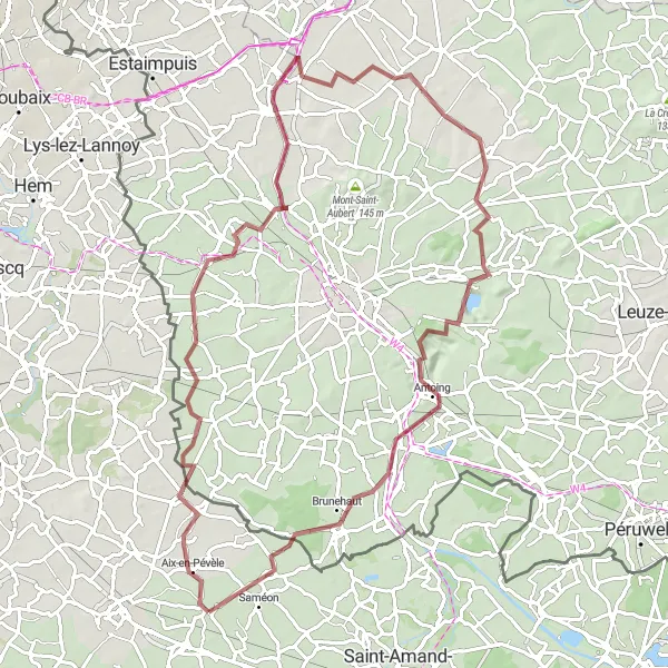 Map miniature of "Gravel Route through Aix-en-Pévèle and Antoing" cycling inspiration in Nord-Pas de Calais, France. Generated by Tarmacs.app cycling route planner