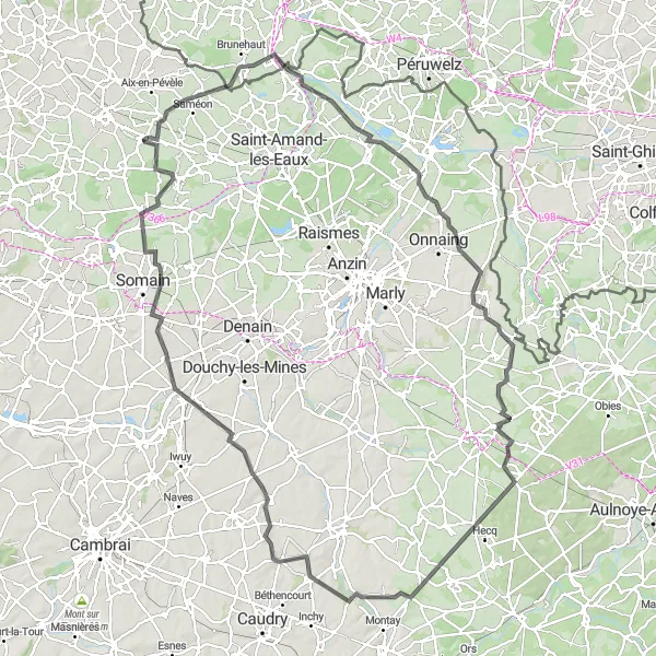 Map miniature of "Challenging Road Adventure through Fresnes-sur-Escaut and Forest-en-Cambrésis" cycling inspiration in Nord-Pas de Calais, France. Generated by Tarmacs.app cycling route planner