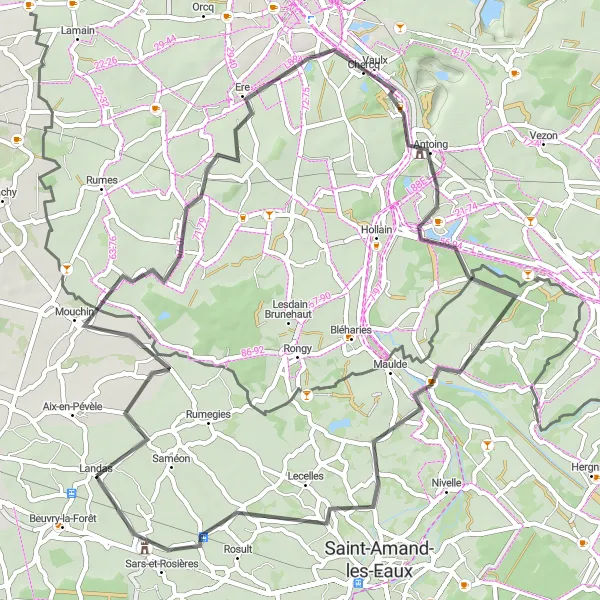Miniature de la carte de l'inspiration cycliste "Escapade Campagnarde" dans la Nord-Pas de Calais, France. Générée par le planificateur d'itinéraire cycliste Tarmacs.app