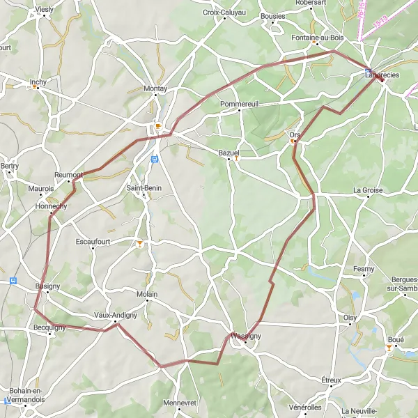 Map miniature of "Explore the Countryside: Catillon-sur-Sambre, Wassigny, Vaux-Andigny, Le Cateau-Cambrésis, and Fontaine-au-Bois" cycling inspiration in Nord-Pas de Calais, France. Generated by Tarmacs.app cycling route planner