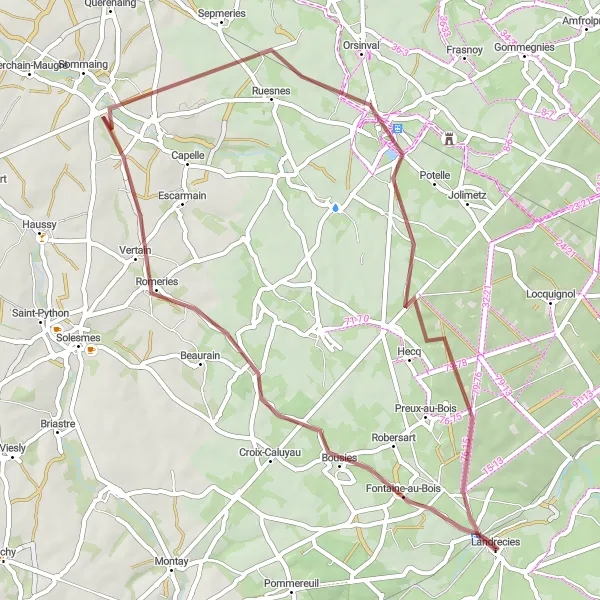 Map miniature of "Off-Road Adventure through Bousies, Bermerain, Hecq, and Landrecies" cycling inspiration in Nord-Pas de Calais, France. Generated by Tarmacs.app cycling route planner