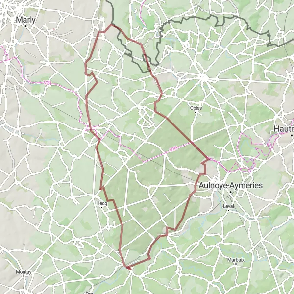 Map miniature of "Serene Gravel Ride: Hecq, Jenlain, Amfroipret, and Landrecies" cycling inspiration in Nord-Pas de Calais, France. Generated by Tarmacs.app cycling route planner