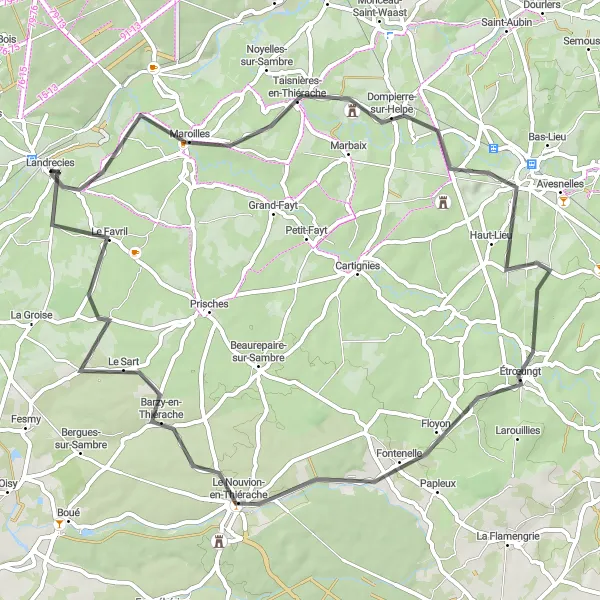 Map miniature of "Thiérache Discovery" cycling inspiration in Nord-Pas de Calais, France. Generated by Tarmacs.app cycling route planner