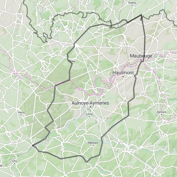 Map miniature of "The Bavay Loop" cycling inspiration in Nord-Pas de Calais, France. Generated by Tarmacs.app cycling route planner