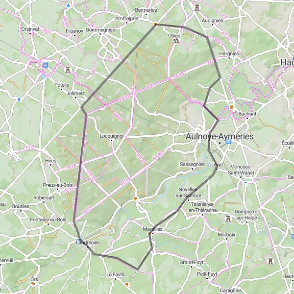 Map miniature of "Scenic Route through Jolimetz, Obies, Aulnoye-Aymeries, and Landrecies" cycling inspiration in Nord-Pas de Calais, France. Generated by Tarmacs.app cycling route planner