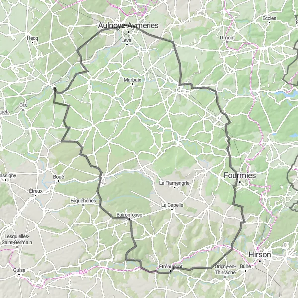 Map miniature of "Challenging Tour Through Berlaimont, Avesnelles, Étréaupont, L'Oise, Barzy-en-Thiérache, and Landrecies" cycling inspiration in Nord-Pas de Calais, France. Generated by Tarmacs.app cycling route planner