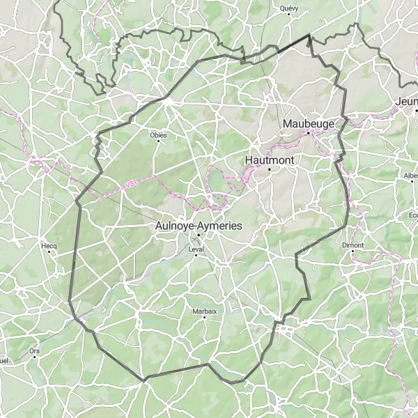 Miniature de la carte de l'inspiration cycliste "Boucle à vélo de Landrecies à Avesnes-sur-Helpe" dans la Nord-Pas de Calais, France. Générée par le planificateur d'itinéraire cycliste Tarmacs.app