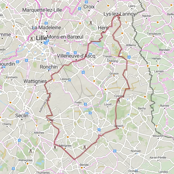 Map miniature of "Gravel Adventure near Lannoy" cycling inspiration in Nord-Pas de Calais, France. Generated by Tarmacs.app cycling route planner