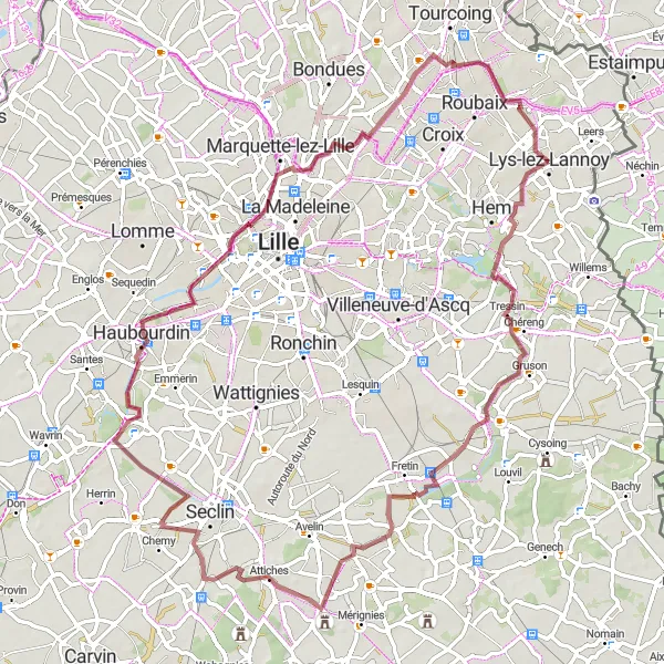 Map miniature of "Tressin to Marcq-en-Barœul Gravel Loop" cycling inspiration in Nord-Pas de Calais, France. Generated by Tarmacs.app cycling route planner