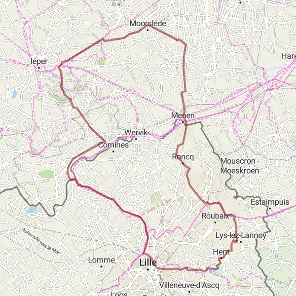 Map miniature of "Lannoy to Lys-lez-Lannoy Gravel Loop" cycling inspiration in Nord-Pas de Calais, France. Generated by Tarmacs.app cycling route planner