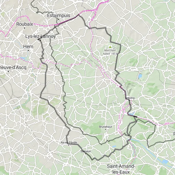 Miniature de la carte de l'inspiration cycliste "Boucle des Coteaux de l'Escaut" dans la Nord-Pas de Calais, France. Générée par le planificateur d'itinéraire cycliste Tarmacs.app